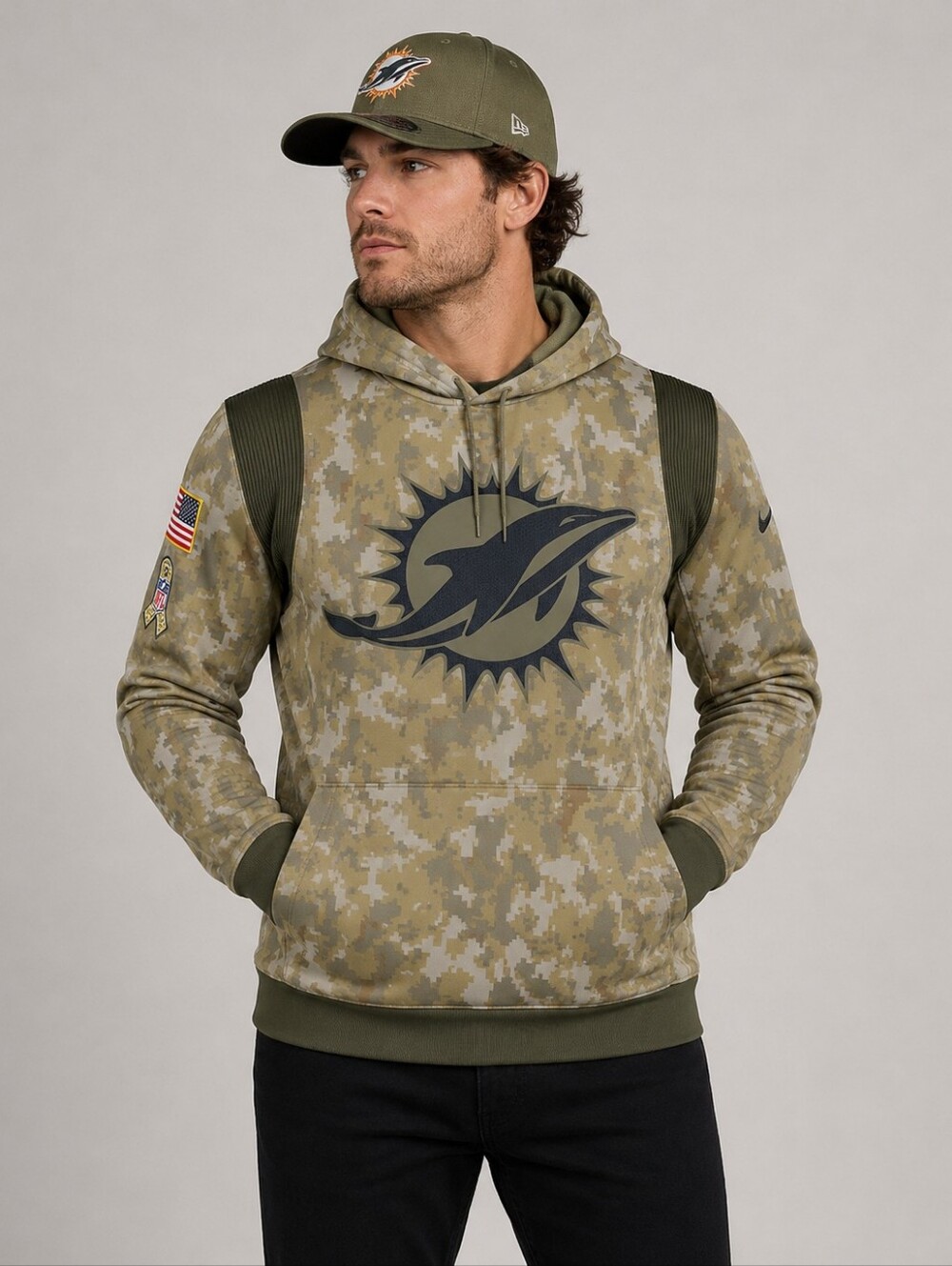 Men's Nike NFL Camo Miami Dolphins Salute To Service Army Therma Pullover Hoodie